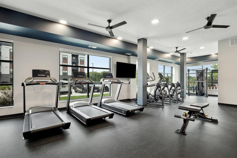 A modern gym with treadmills, stationary bikes, ellipticals, and a bench, with large windows and bright lighting.