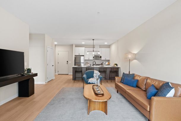 Open-concept living room and kitchen with tan sofa, blue accents, dining area, and modern appliances.